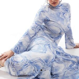 mesh high neck long sleeve a-line maxi dress in blue abstract print